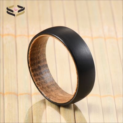 Geometric Pattern 8mm Black Brushed Tungsten Carbide Ring with Whiskey Barrel Wood Inlay Exquisite Wedding Band