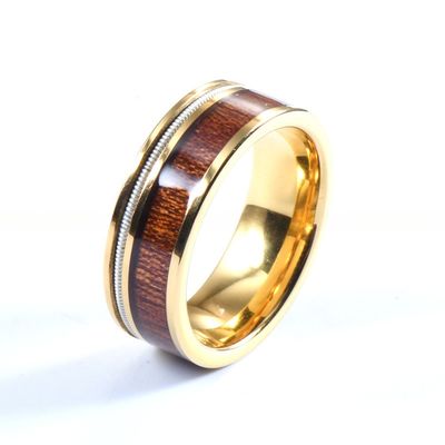 Men Flat Gold Tungsten Carbide Ring Koa Wood And Guitar String Inlayed 8mm For Party