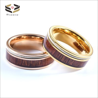 Men Flat Gold Tungsten Carbide Ring Koa Wood And Guitar String Inlayed 8mm For Party