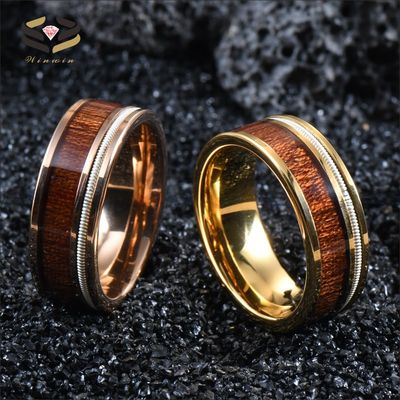 Men Flat Gold Tungsten Carbide Ring Koa Wood And Guitar String Inlayed 8mm For Party