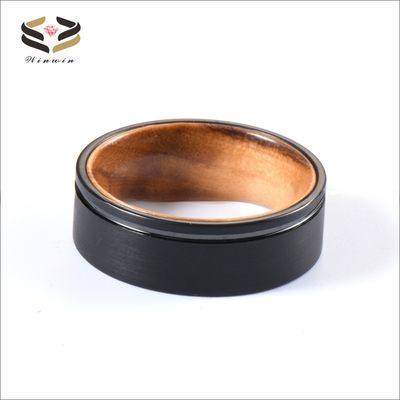 8mm Flat Edge Brushed Olive Wood Inlay Sleeve Black Tungsten Ring Wedding Band Fashion Engagement Ring for Men Sample Making