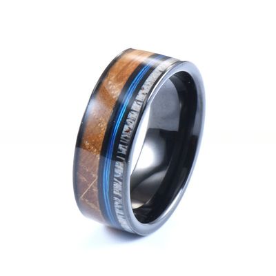 8mm Black Plated Tungsten Ring Whiskey Barrel Wood Blue Fishing Lines With Antler Inlay
