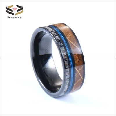 8mm Black Plated Tungsten Ring Whiskey Barrel Wood Blue Fishing Lines With Antler Inlay