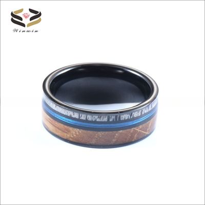 8mm Black Plated Tungsten Ring Whiskey Barrel Wood Blue Fishing Lines With Antler Inlay