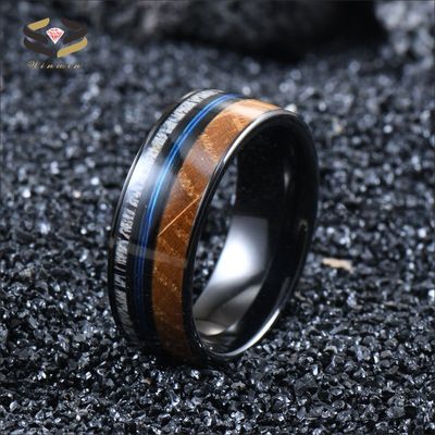 8mm Black Plated Tungsten Ring Whiskey Barrel Wood Blue Fishing Lines With Antler Inlay