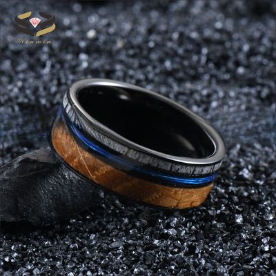 8mm Black Plated Tungsten Ring Whiskey Barrel Wood Blue Fishing Lines With Antler Inlay