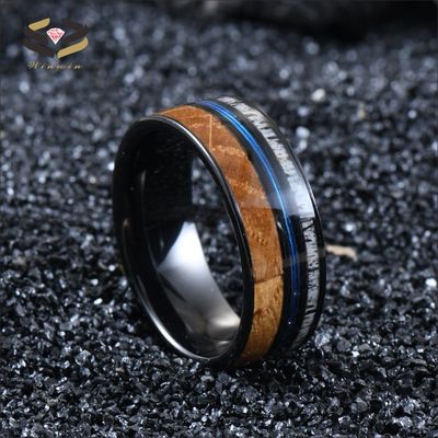 8mm Black Plated Tungsten Ring Whiskey Barrel Wood Blue Fishing Lines With Antler Inlay