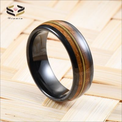 Custom 8mm Black Tungsten Carbide Ring with Polished Finish and Whiskey Barrel Wood Gold Guitar String Inlay in All Sizes