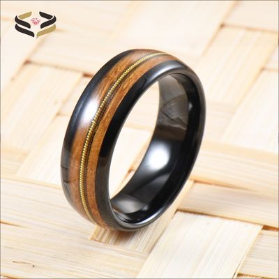 Custom 8mm Black Tungsten Carbide Ring with Polished Finish and Whiskey Barrel Wood Gold Guitar String Inlay in All Sizes