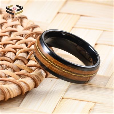Custom 8mm Black Tungsten Carbide Ring with Polished Finish and Whiskey Barrel Wood Gold Guitar String Inlay in All Sizes