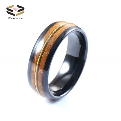 Custom 8mm Black Tungsten Carbide Ring with Polished Finish and Whiskey Barrel Wood Gold Guitar String Inlay in All Sizes