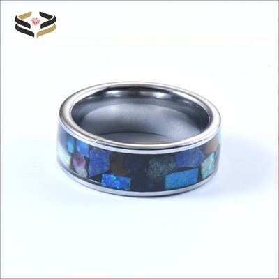 Jewelry Main Material Tungsten 8mm Mens Wedding Band with Gemstone Inlays Opal Lapis Lazuli Tiger's Eye Amethyst and More