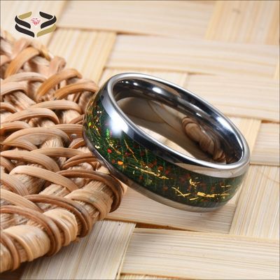 Opal Gold Foil Green Box Elder Wood Inlay Dome 8mm High Polished Tungsten Carbide Ring for Men Wedding Band
