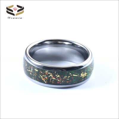 Opal Gold Foil Green Box Elder Wood Inlay Dome 8mm High Polished Tungsten Carbide Ring for Men Wedding Band