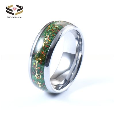Opal Gold Foil Green Box Elder Wood Inlay Dome 8mm High Polished Tungsten Carbide Ring for Men Wedding Band
