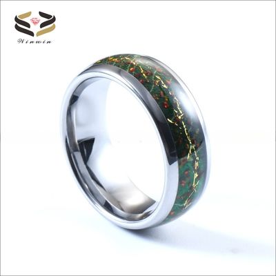 Opal Gold Foil Green Box Elder Wood Inlay Dome 8mm High Polished Tungsten Carbide Ring for Men Wedding Band