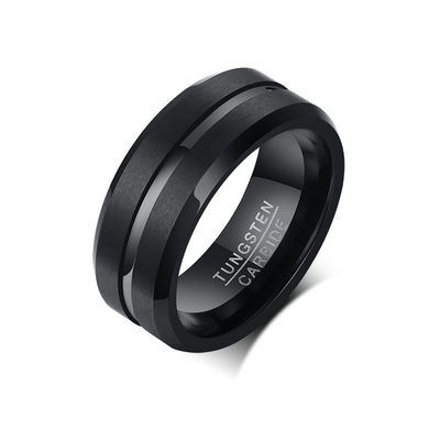 Third Party Appraisal 8mm Brushed Black Blue Gold Tungsten Ring Bevelved Edge Single Groove Mens Wedding Band Comfort Fit