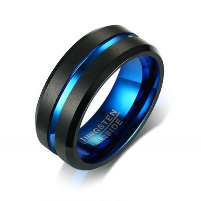 Third Party Appraisal 8mm Brushed Black Blue Gold Tungsten Ring Bevelved Edge Single Groove Mens Wedding Band Comfort Fit