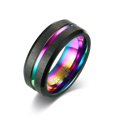 Third Party Appraisal 8mm Brushed Black Blue Gold Tungsten Ring Bevelved Edge Single Groove Mens Wedding Band Comfort Fit