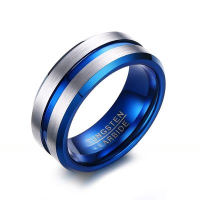 Third Party Appraisal 8mm Brushed Black Blue Gold Tungsten Ring Bevelved Edge Single Groove Mens Wedding Band Comfort Fit