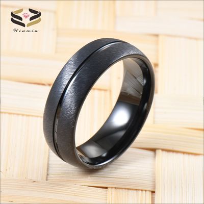 Party Occasion Black Tungsten Carbide Ring for Men Dome Brushed Single Grooved Engagement Wedding Band