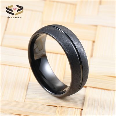 Party Occasion Black Tungsten Carbide Ring for Men Dome Brushed Single Grooved Engagement Wedding Band