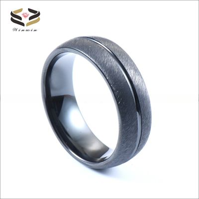 Party Occasion Black Tungsten Carbide Ring for Men Dome Brushed Single Grooved Engagement Wedding Band