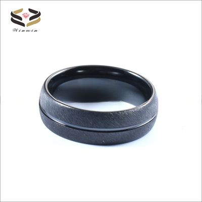 Party Occasion Black Tungsten Carbide Ring for Men Dome Brushed Single Grooved Engagement Wedding Band