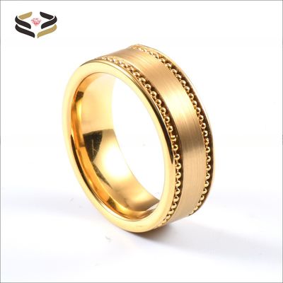 Men'S Wedding Gold Plated Tungsten Carbide Ring 8mm With Gold Bead Chain Inlay