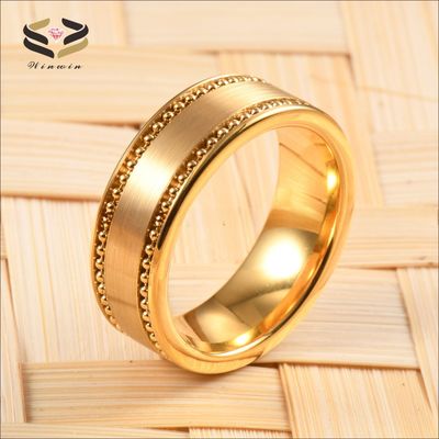 Men'S Wedding Gold Plated Tungsten Carbide Ring 8mm With Gold Bead Chain Inlay