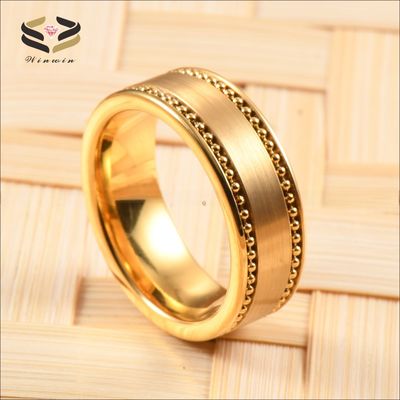 Men'S Wedding Gold Plated Tungsten Carbide Ring 8mm With Gold Bead Chain Inlay