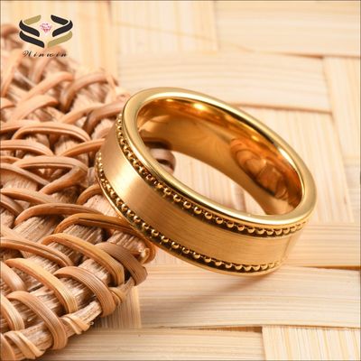 Men'S Wedding Gold Plated Tungsten Carbide Ring 8mm With Gold Bead Chain Inlay