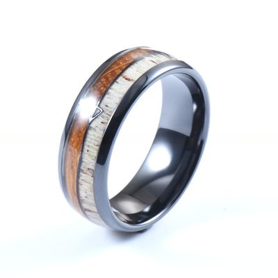 Men Tungsten Carbide Wedding Ring with Antler Black Arrow Whiskey Barrel Wood Inlay