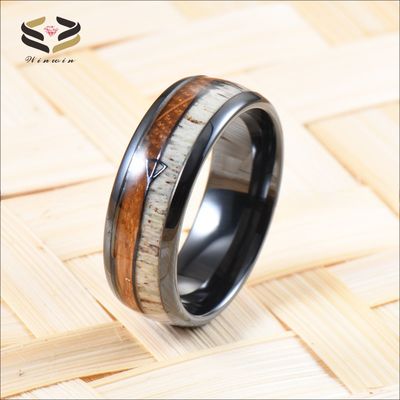 Men Tungsten Carbide Wedding Ring with Antler Black Arrow Whiskey Barrel Wood Inlay
