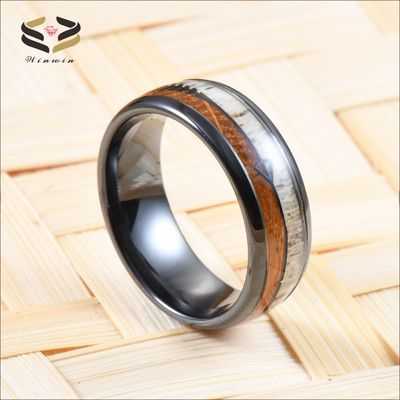 Men Tungsten Carbide Wedding Ring with Antler Black Arrow Whiskey Barrel Wood Inlay