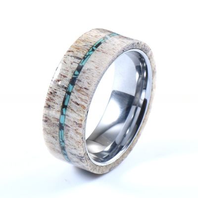 Men'S Wedding Tungsten Antler Ring 8mm With Turquoise Inlay Geometric Pattern