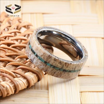 Men'S Wedding Tungsten Antler Ring 8mm With Turquoise Inlay Geometric Pattern