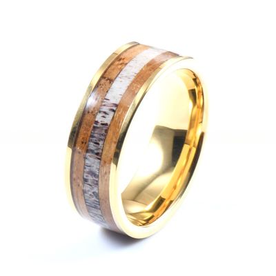 Wedding Whiskey Barrel Wood Antler Ring Inlay Gold Custom Tungsten Carbide Rings Men