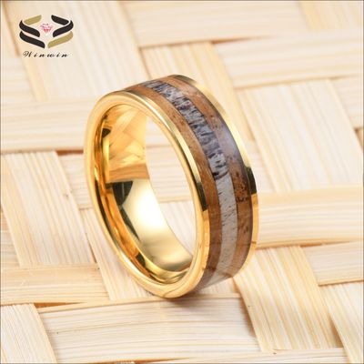 Wedding Whiskey Barrel Wood Antler Ring Inlay Gold Custom Tungsten Carbide Rings Men