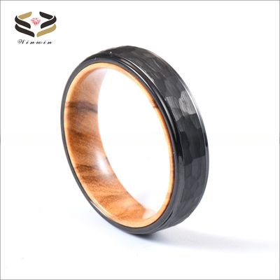 6mm Hammered Black Tungsten Carbide Ring with Olive Wood Liner A Perfect Combination of Style and Durability