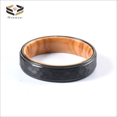6mm Hammered Black Tungsten Carbide Ring with Olive Wood Liner A Perfect Combination of Style and Durability