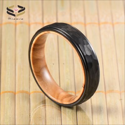 6mm Hammered Black Tungsten Carbide Ring with Olive Wood Liner A Perfect Combination of Style and Durability