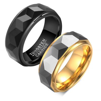 Men's 8mm Gold Black Faceted Tungsten Carbide Rings High Polished Wedding Bands for Couple Fashion Jewelry Comfort Fit