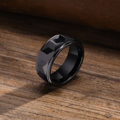 Men's 8mm Gold Black Faceted Tungsten Carbide Rings High Polished Wedding Bands for Couple Fashion Jewelry Comfort Fit