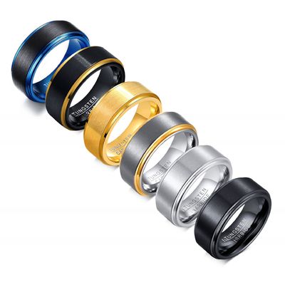 Silver Blue Gold Black Tungsten Wedding Band for Men 8mm Matte Brushed Finish Step Edges Comfort Fit Inlay Technology