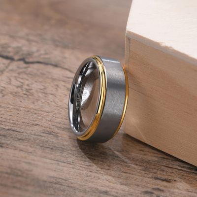 Silver Blue Gold Black Tungsten Wedding Band for Men 8mm Matte Brushed Finish Step Edges Comfort Fit Inlay Technology
