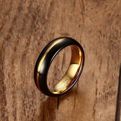 Wedding Bands or Rings 6mm Black Gold Two Tone Tungsten Ring Custom Engraved Gold Centre Groove Comfort Fit for Men Women