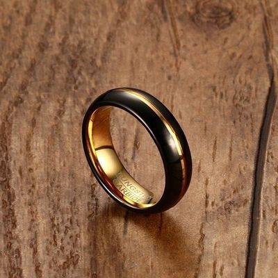 Wedding Bands or Rings 6mm Black Gold Two Tone Tungsten Ring Custom Engraved Gold Centre Groove Comfort Fit for Men Women