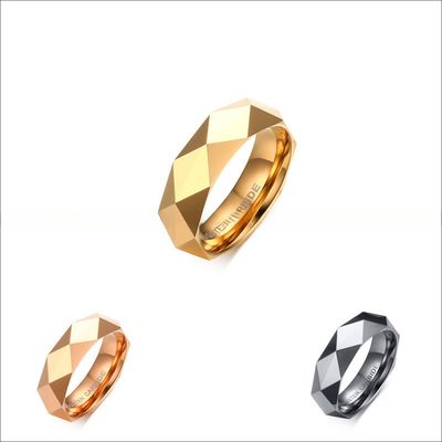 Men's 6mm High Polished Finish Gold Silver Rose Gold Diamond Cut Faceted Tungsten Carbide Ring Wedding Promise Ring