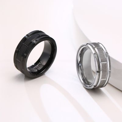 Jewelry Type Rings Simple Wedding Engagement Ring for Men Classic Silver Black Tungsten Ring 8mm Double Groove Beveled Edge